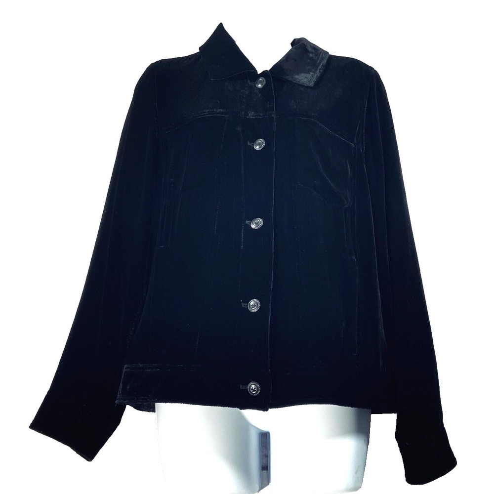 J. JILL Black Velvet/Velour BUTTON-UP JACKET TOP Rayon/Silk POCKETS Lined SZ S
